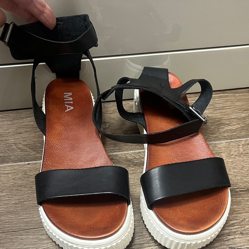 MIA Black Ankle-Strap Platform Sandals with Brown Footbed